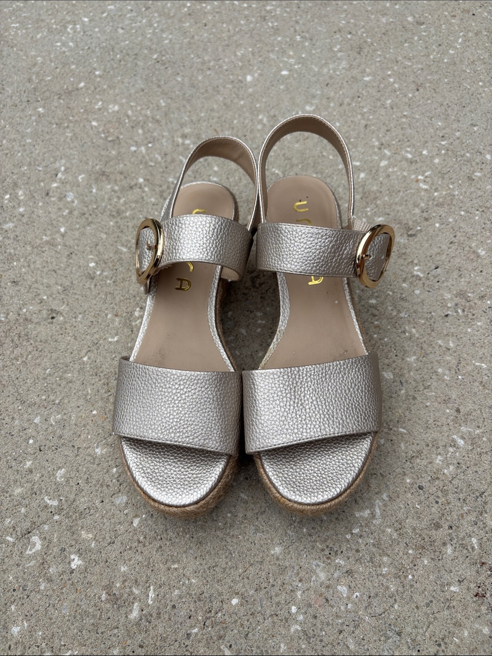 Unisa Metallic Champagne Wedge Slingback Sandals with Gold Buckle